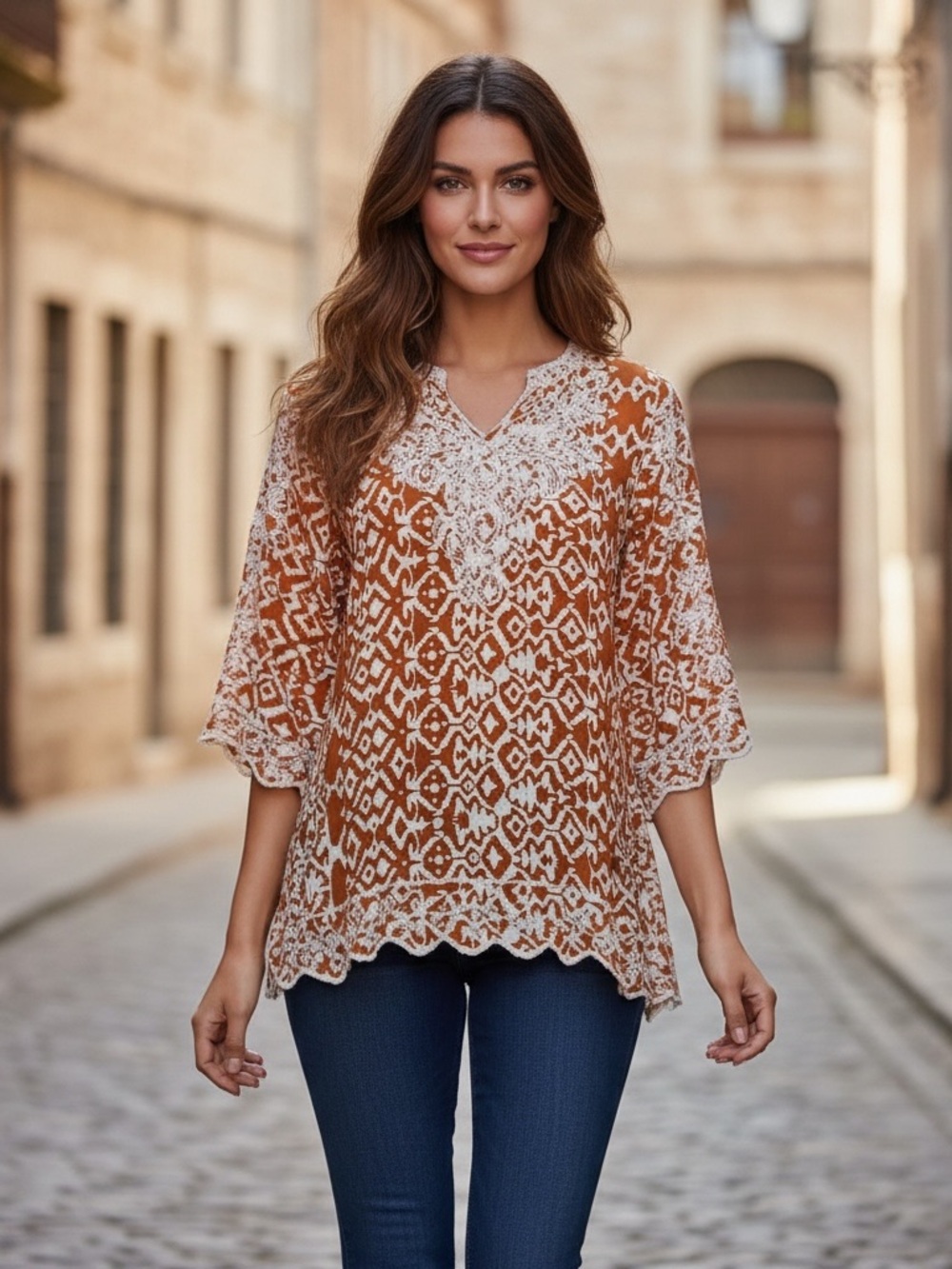 SOLITAIRE Blouse Womens XL Top Geometric Orange